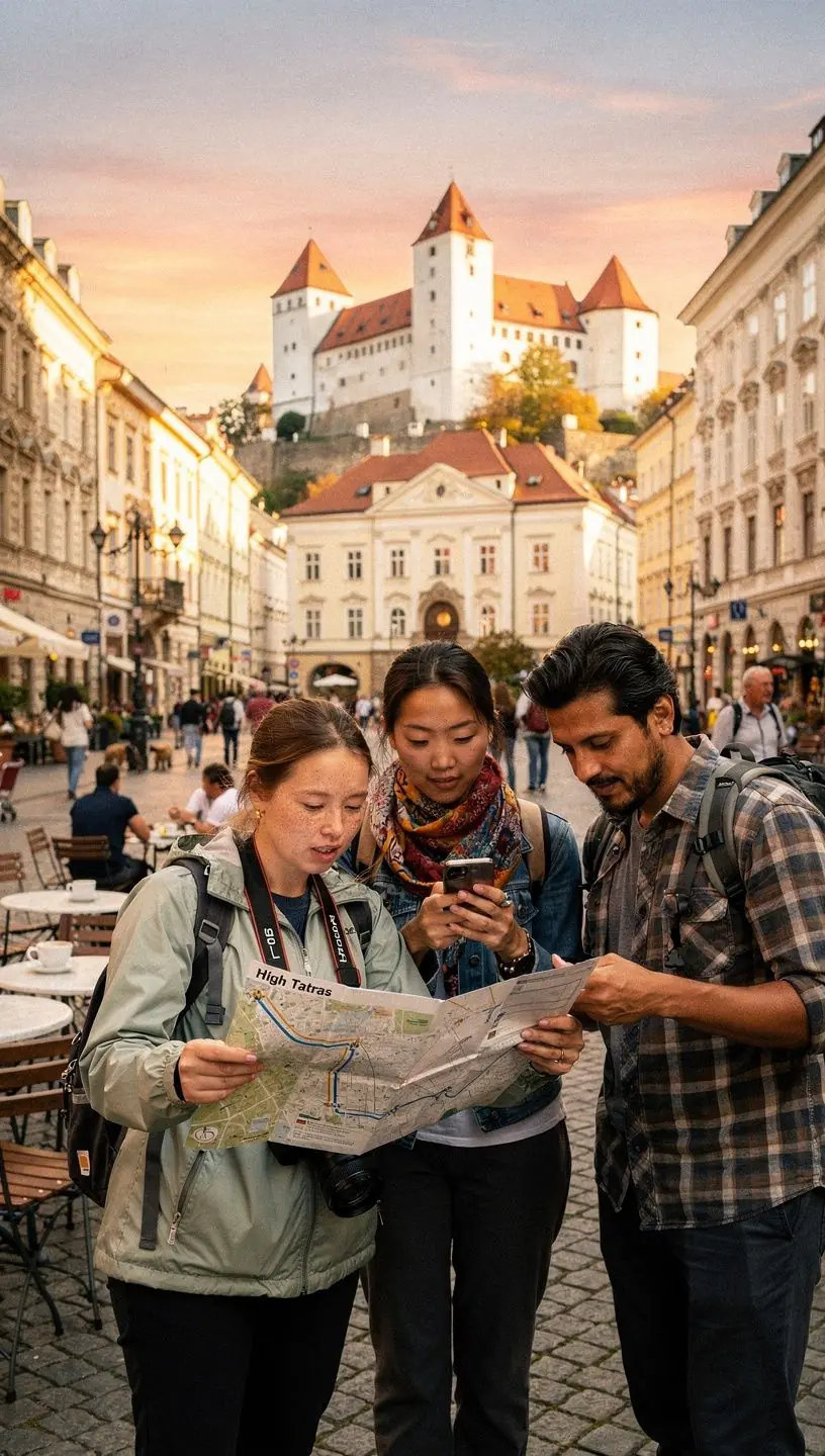 Tourists using a digital travel planner on a tablet showing sequential stops across Slovakian regions with clear timing details
